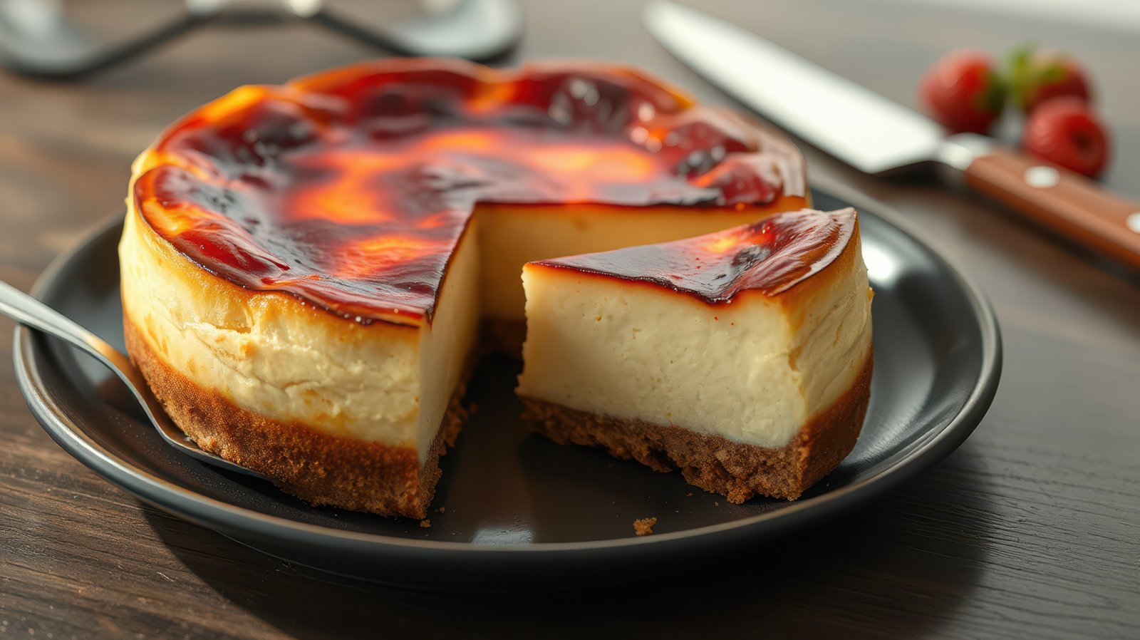 Creamy cheesecake with caramel topping served on a dark plate with fresh strawberries on a wooden table setting
